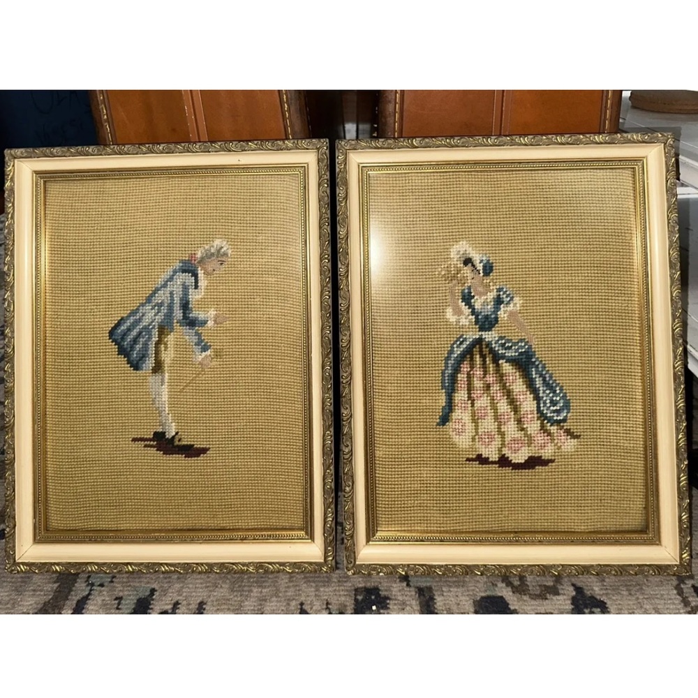 Lot of 2 Vintage Matching Framed Needlepoints Woman And Man Dressed In Blue Pink